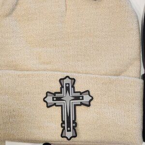 Cross Patched Knit Cuffed Beanie in Beige